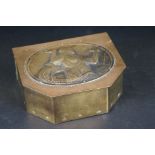 Arts and Crafts Brass and Copper Studded Box, the hinged lid with embossed decoration of a