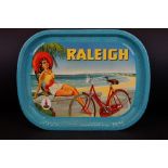 Mid century Metal Advertising Tray for The Raleigh Bicycles distributed by Seng Guan Hong & Co,