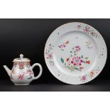 Chinese Famille Rose Small Teapot 12cm high and Plate 23cm diameter, both with enamelled decoration