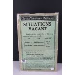 Railwayana - an early 20th century GWR railway situations vacant poster advertising positions at