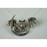 Unusual silver vampire bat pendant necklace / brooch
