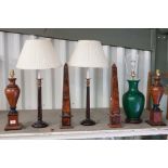 Pair of Wooden Stick Table Lamps, Pair of Wooden Effect Table Lamps, Green Glazed Ceramic Table