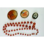 Carnelian & Glass Necklace, Carnelian Brooch in Metal Mount and Two other Brooches