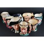 Eight Large Royal Doulton Character Jugs including The Poacher, Macbeth, Granny, George