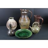 Six items of Studio Pottery including David Frith Jug 27cm high, Green Glazed Plate with sgraffito