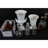 Three 19th century Glass Decanters with stoppers together with two further Decanters, Continental