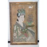 Oriental School, Ornate Framed Portrait on Textile of a Female in Traditional Dress holding a floral