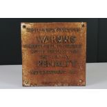 Cast Iron Railway Sign ' The Railways Executive Warning .... Penalty ' 29cm x 29cm