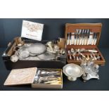 A large collection of silver plated items to include Cruet set, cutlery, tazza, tray...etc..