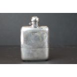 A fully hallmarked sterling silver hip flask, assay marked for Sheffield.