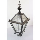 Victorian Wrought Iron Street Lantern with four glass panel sides, 62cm high