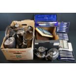 A large collection of silver plated items to include cased cutlery sets, tea pots, sugar bowls,
