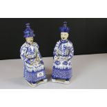 Two Chinese Blue and White Figures of Seated Emperors, character marks to base, 33cm high
