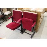 Pair of Mid century Folding Elbow Cinema Chairs with compressed plywood backs, red fabric upholstery