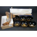 Rusnorstain Cased Carving Set with simulated antler handles together with a set of Six Lacquered