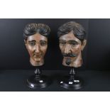 Pair of Carved Wood and Painted Heads / Busts of a French Man and Woman, possibly Fairground /