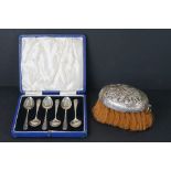 A dutch fully hallmarked silver topped clothes brush together with a cased set of six fully