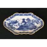 18th century Caughley Blue and White Spoon Tray / Dish decorated with a Chinese landscape scene with