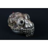 Tibetan Monkey Skull partially covered in White Metal and Coloured Stones, 13cm long