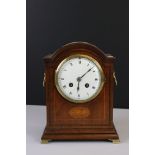 Edwardian Mahogany Inlaid Domed Top Mantle Clock, the white enamel dial with Roman numerals and