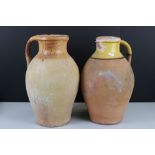Two Large Terracotta and part Mustard Glazed Jugs, tallest 43cm
