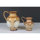 Two 19th century Doulton Lambeth Stoneware ' Motto ' Jugs, largest ' Straight is the line of duty,