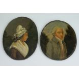 Two small oil portraits of 18th century lady and gentleman in tradition dress.