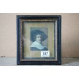 Ebonized framed oil painting, a miniature portrait of a 17th century gentleman wearing a hat and