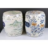 Two Chinese Ceramic Garden Seats / Stools of Barrel form, one painted with a landscape scene in pale