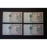 A collection of four Italian 1000 Lire banknotes, uncirculated condition with consecutive numbers.