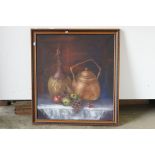 Large Oil Painting on Canvas of Still Life Table Scene, 66cm x 76cm together with Print of a 19th