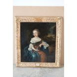 17th century Oil Painting on Canvas depicting a Seated Girl holding a King Charles Spaniel Dog,