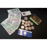 A small collection of mainly pre decimal British coinage together with a collection of commemorative