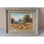 Vintage oil painting on board of a harvest scene