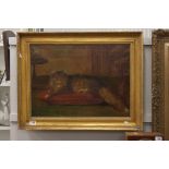 Late 19th / Early 20th century Oil Painting on Canvas of a Tabby Cat lying on a Cushion with bird in