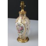 Porcelain and Gilt Metal Table Lamp in the Sevres manner hand painted with panels and rows of floral