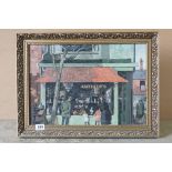 Oil Painting on Board of People looking in an Antique Shop Window signed Timbrell, 49cm x 34cm, gilt