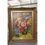 A Kindberg, Oil Painting on Canvas Still Life Flowers in Vases, signed lower right and dated 1984,