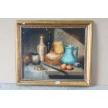 Oil Painting of 18th century Still Life Scene including Bottles, Bread, Cheese and other Foods, 59cm