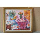 Framed oil painting, Impressionist still life of a table setting with flowers and fruit in a tazza