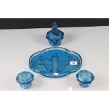 Art Deco Blue Glass Dressing Table Set comprising tray etched with Three Maidens together with a