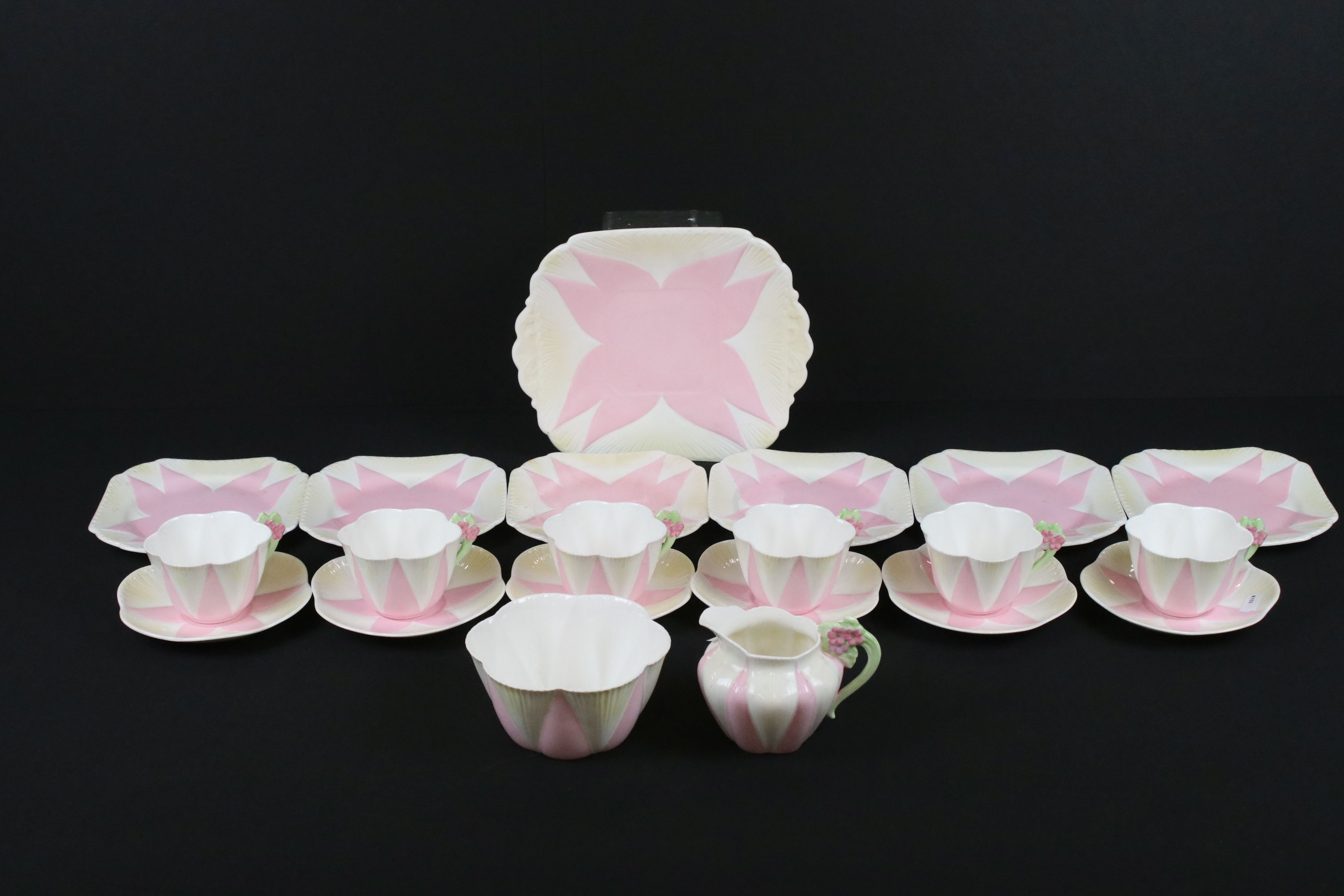 Shelley Dainty Part Tea Set, the bodies decorated in pink and white, the handles decorated in