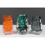 Three Whitefriars Glass Vases including Tangerine Textured Coffin Vase 13cm high, Pewter Textured