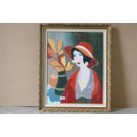 Gilt framed oil painting portrait of a lady in a soft brimmed hat, beside flowers in a vase