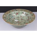 Large Chinese Celadon Bowl with famille rose decoration including butterflies, birds and flowers (