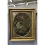 Georgian Oval Silk Embroidery Picture of Seated Woman and a Dog, 17cm x 23cm, gilt framed and glazed