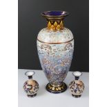 Large Doulton Lambeth Stoneware Vase with gilt and blue floral decoration 47cm high (a/f) together