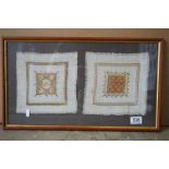 Two 19th century Embroidered Square Linen Panels, each 21cm high, mounted, framed and glazed in