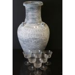 Large Studio Pottery Ribbed Blue Ground Vase, 56cm high together with 6 Early 20th century Glasses