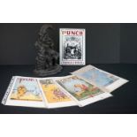 Mr Punch - Plaster Doorstop, Enamel ' Punch Three Pence ' Sign 25cm x 18cm and Four reproduction